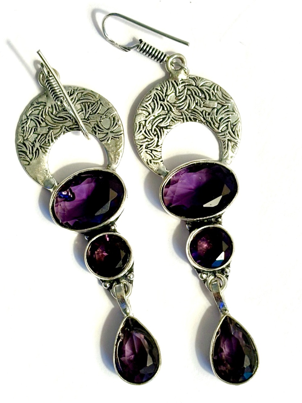 Gorgeous, 925 marked, 3 Amethyst gemstones earrings, hanging 3 inches.
